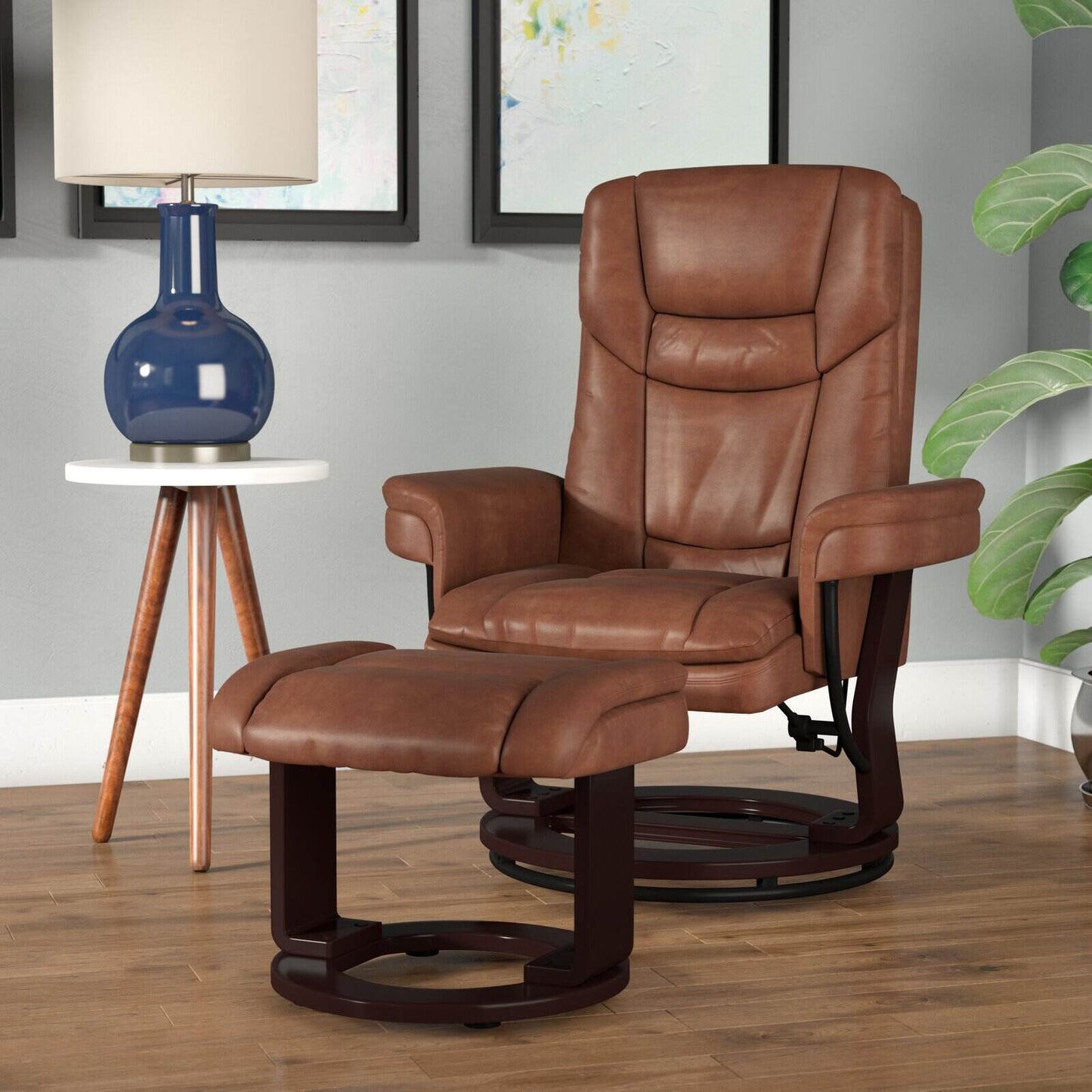 Contemporary Multi-Position Recliner and Curved Ottoman with Swivel Base