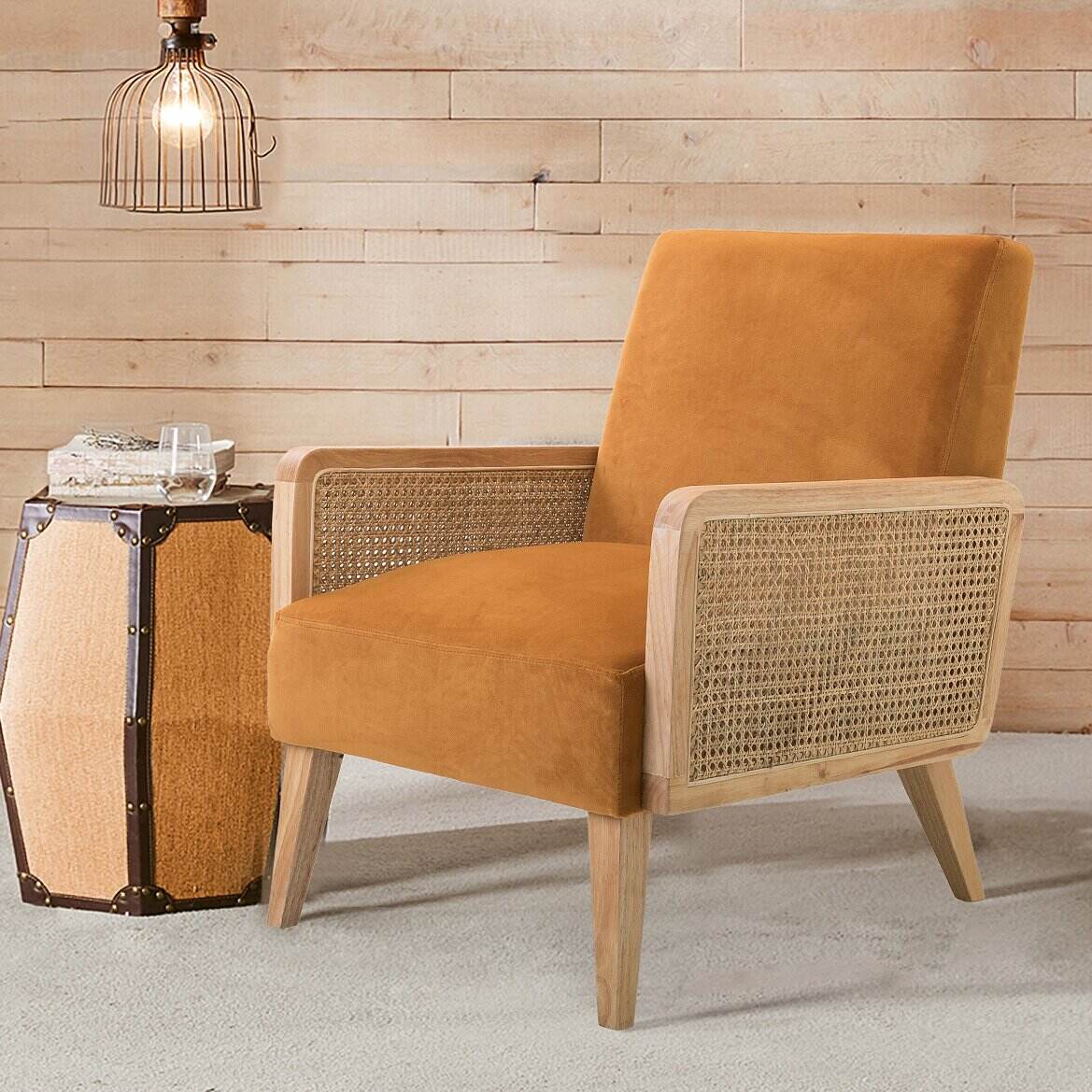 Upholstered Accent Chair with Rattan Arms