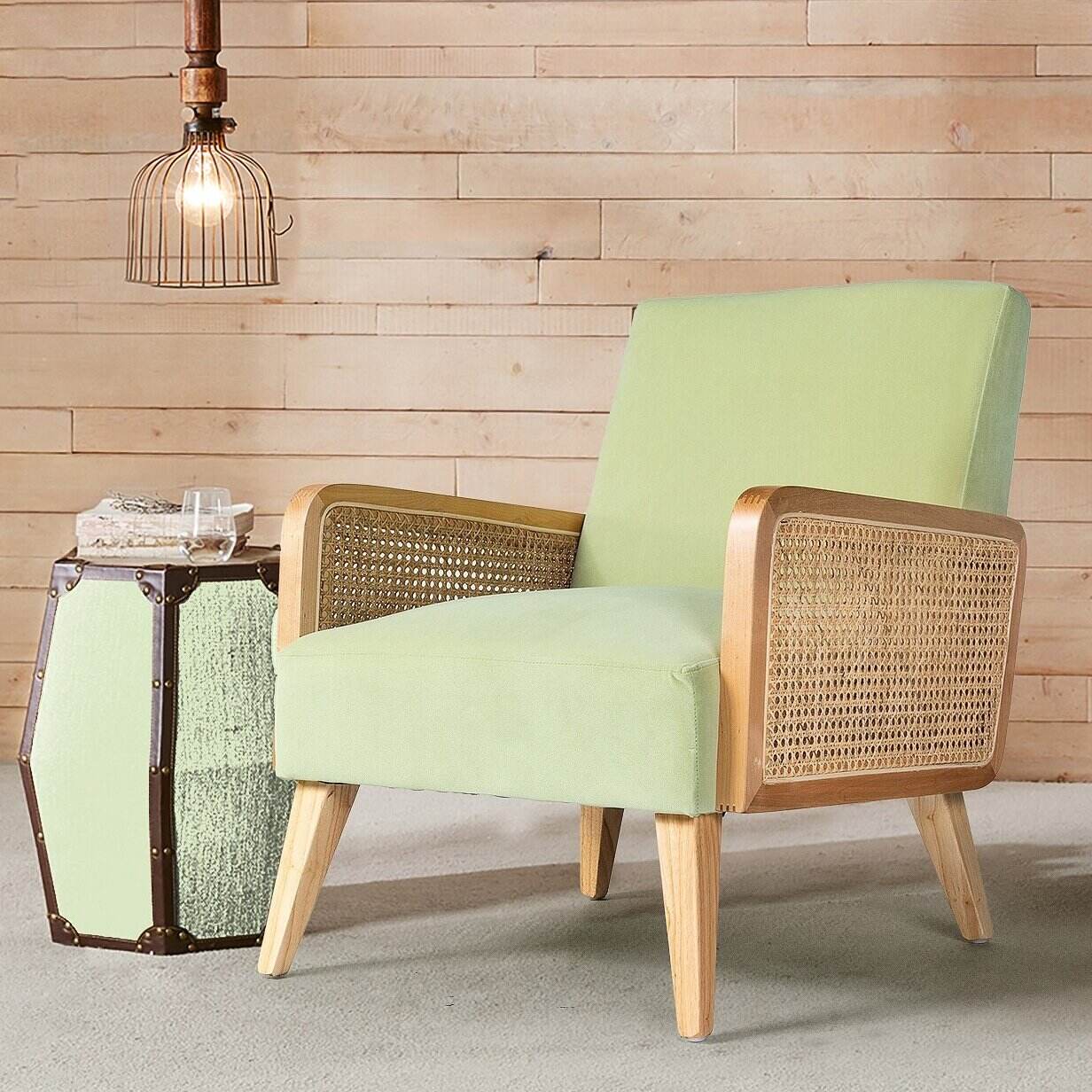 Upholstered Accent Chair with Rattan Arms